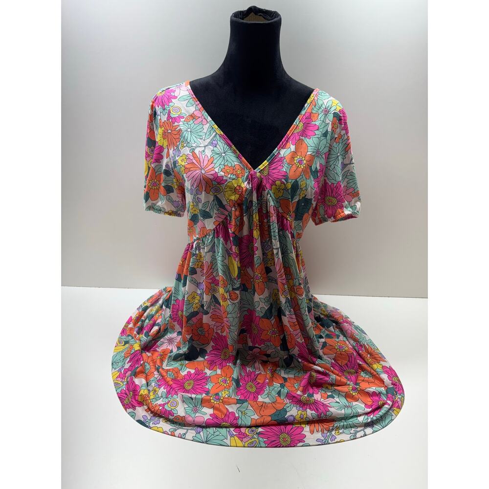 70’s Inspired Hippie Peace Woodstock Women’s Dress Sz L V Neck Festival Stretch